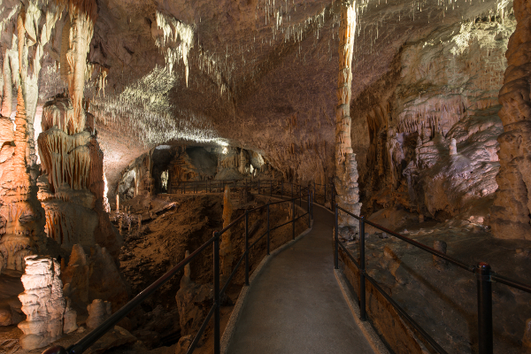 Postojna Jama. Light. Illuminazione attuale con tecnologia ad alogeni.