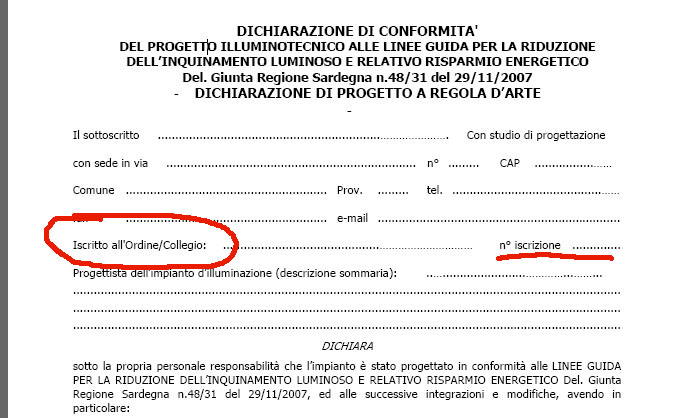 dichiarazione di conformità inquinamento luminoso Sardegna